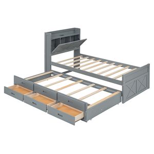 Letto singolo in legno grigio con testiera contenitore e prese, letto estraibile allungabile con tre cassetti, per bambini - Product Image 5
