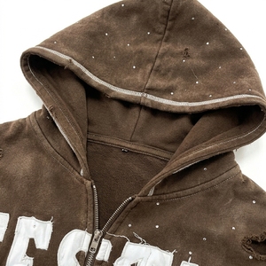 Conjunto de chándal de hombre de alta calidad con corte holgado, estilo vintage, efecto desgastado, bordado, apliques, lavado ácido, cremallera y pedrería, estilo streetwear. - Product Image 3