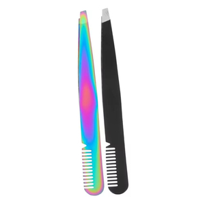 Pinzas de Cejas Profesionales Hechas a Mano de Acero Inoxidable de Lujo con Punta Inclinada y Peine, Herramientas de Aseo de Cejas con Efecto Camaleón, OEM ODM - Product Image 1