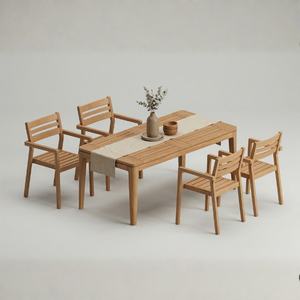 Modern Solid Teak Outdoor <b>Dining</b> Set for Hotel & Villa Use Rectangular Table & <b>4</b> Armchairs with Durable Slat Design - Product Image 1