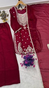 Traje Anarkali de terciopelo bordado color granate para mujer, vestido tradicional indio pakistaní para boda, largo hasta el suelo, corte holgado - Product Image 2