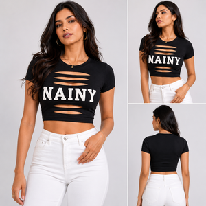 Camiseta Corta de Manga Corta para Mujer, Diseño Hueco, Ajuste Delgado, Estilo Urbano, para Fiesta, Top de Verano, Atuendo de Verano - Product Image 6