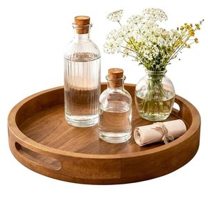 Plateau de service rond avec poignées, plateau décoratif en bois pour la maison, la cuisine, la table basse, le petit-déjeuner - Product Image 1