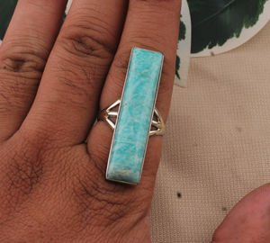 Anillo de Boda Rectangular Grande de Plata de Ley 925 Hecho a Mano con Amazonita, Gema Azul Natural, Joyería Clásica para Hombre - Product Image 3