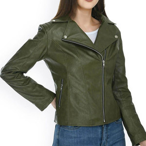 Veste en cuir PU vert olive pour femme, style moto, manches longues, fermeture éclair, col rabattu, style automne - Product Image 1