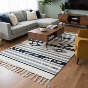 Cotton Handloom Plush Cutshuttle <b>Runner</b> Woven Floral Modern Machine Washable Reversible Black Rectangle Camping Exercise Home - Product Image 1