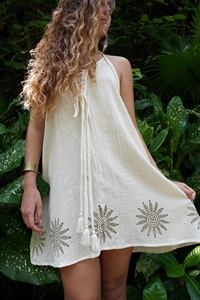 Women's Boho <b>Tropical</b> Loose Halter Neck Mini <b>Dress</b> with Lace-Up Front and Block Print Sun Motifs Beachwear Summer - Product Image 6