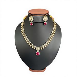 ชุดเครื่องประดับเจ้าสาวแบบอินเดียโบราณ สร้อยคอและต่างหูประดับพลอยสีชมพูทับทิมทองคำ 22k  วัสดุทอง/เงิน/ทองเหลือง - Product Image 1