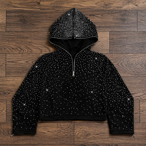 Sweat à capuche zippé mi-long pour homme en molleton bouclette 380-500 g/m² avec strass, coupe ample, personnalisable avec logos sur mesure, style streetwear - Product Image 1