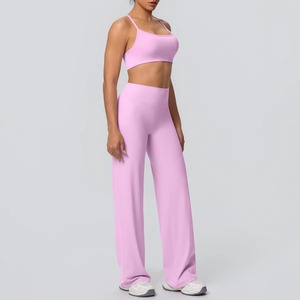 Conjunto de yoga de 2 piezas para mujer, de color liso, de secado rápido, sin costuras, transpirable, a prueba de golpes, con sujetador deportivo de tiras y leggings de cintura alta con efecto levantacola. - Product Image 3