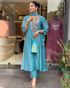 Women's Sky Blue Color Straight Chanderi Silk <b>Kurti</b> with Chanderi Pant Best Quality Organza digital Print Dupatta Sets - Product Image 2