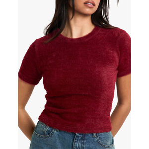 OEM Supplier Custom Wholesale Women's Solid Color Crew Neck Short Sleeve Knitted <b>Crop</b> <b>Top</b> Slim Fit 100% Acrylic Casual T-Shirt - Product Image 4