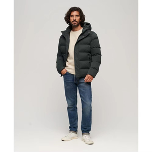 Chaqueta Acolchada con Capucha para Hombre, Color Verde Oscuro, Resistente al Viento, Abrigo Casual de Invierno con Cierre de Cremallera, Corte Regular, Color Sólido, Poliéster Grueso - Product Image 3
