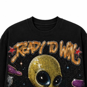 T-shirt surdimensionné à imprimé Alien pour homme, manches courtes, style streetwear, col rond, design avec strass scintillants - Product Image 4