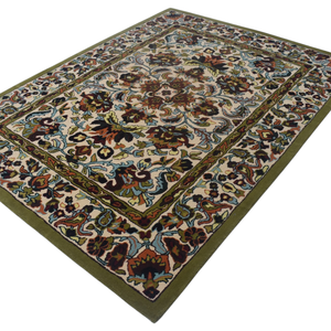 Tapis oriental traditionnel en laine tufté à la main, design floral botanique persan vintage, bordures multicolores - Product Image 1