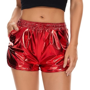 Metallic Shorts Women Solid Red Elastic Drawstring Waist Side Pocket Glossy Shiny Rave Festival <b>Dance</b> - Product Image 1