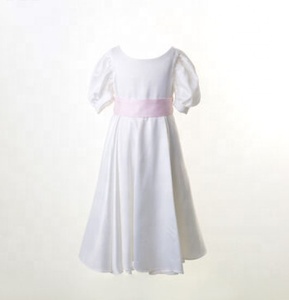 Luxury & Comfiest White Quarter Sleeves White Wedding Gown With Beautiful Pink Sash & Full Skirt Crafted From Soft Satin Fabric - Product Image 3