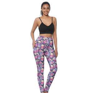High Waist <b>Floral</b> Print Yoga <b>Leggings</b> With Pockets Full Length Spandex Polyester Four-Way Stretch Elastic Waist - Product Image 4