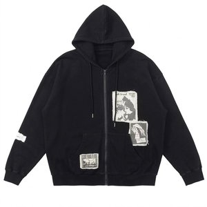 Sweat-shirt à capuche zippé noir surdimensionné pour femme avec logo personnalisé, patchwork et appliques en coton, manches longues, idéal pour l'automne – Vente en gros - Product Image 1