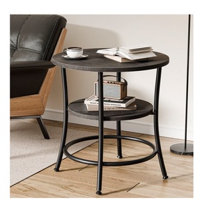 Industrial Matte <b>Black</b> Compact Nightstand 3 Layer Open Shelf Organizer Stand with Cha2 Tier <b>Round</b> Wood and Metal <b>Side</b> <b>Table</b> - Product Image 4