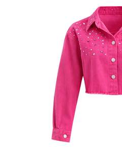 Chaqueta Vaquera Corta Rosa Personalizada para Mujer con Adornos de Pedrería y Botones, Manga Larga, Estilo Casual y a la Moda - Product Image 5