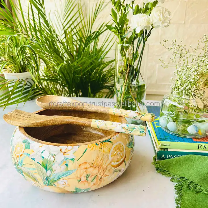 새로운 망고 아카시아 나무 테이블 서빙 에나멜 인쇄 그릇 도매 수출자 새로운 디자인 에나멜웨어 인도에서 RF 공예