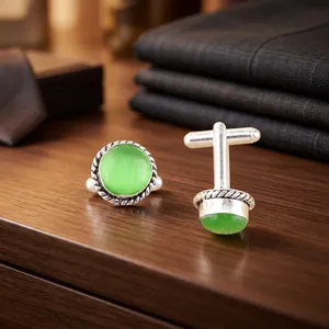 Ensemble de boutons de manchette en pierre œil-de-chat verte Niharika Gems, faits à la main par un créateur, en argent sterling 925 plaqué, bijoux unisexes. - Product Image 3