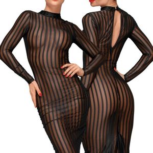 Women's Black Striped Mesh Bodycon Dress Long Sleeve Sheer Fitted Midi Dress With <b>Open</b> Back - Product Image 6