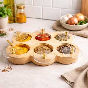 Wooden Handcrafted Rectangular Spice <b>Box</b> Masala Dabba Acrylic Lid with 6 Round Compartments Food Safe <b>Pine</b> Wood Spice <b>Box</b> Set - Product Image 3