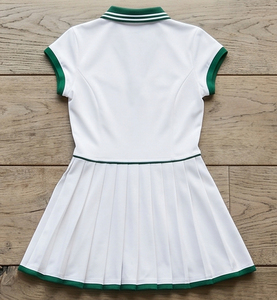 Robe de tennis bleu marine à manches courtes pour femme avec bordure dorée, jupe plissée, col chemise et boutons sur le devant, robes de netball pour femme - Product Image 6