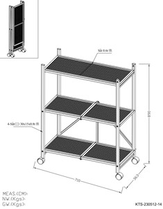 Étagère de rangement pliable à 3 niveaux en métal grillagé avec roulettes, étagère roulante en acier thermolaqué - Product Image 3