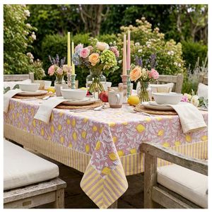 Mantel de Algodón Estampado Pastoral al Mejor Precio, con Diseño Floral de Limones, Rosa y Amarillo, para Uso en Exteriores, Lavable, Tejido, Estilo Rectangular - Product Image 1