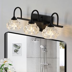 Lampada da parete retrò a 3 luci per bagno, 17 pollici, con finitura nera e paralumi in vetro cristallo - POW! - Product Image 2