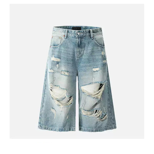 Pantalones Cortos de Mezclilla Vintage Desgastados con Bordados y Parches, Estilo Hip Hop, Holgados, para Hombre, Venta al Por Mayor Personalizada - Product Image 5