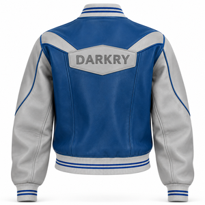 แจ็คเก็ตหนังแท้สีน้ำเงินกรมท่าสำหรับผู้หญิง แบบ Varsity  ตกแต่งด้วยเพชรที่ด้านหลัง  กระดุมแป๊กสองสี  เสื้อคลุมเบสบอล - Product Image 2