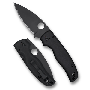 Couteaux de poche pliants noirs avec lame entièrement dentelée à revêtement foncé, trou d'ouverture rond pour le pouce, poignée ergonomique et métal portable - Product Image 1