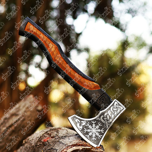 Custom Hand Forged High Carbon Steel Viking <b>Bearded</b> Axe Engraved Vegvísir Symbol with Two-Tone Wooden Handle with Leather Sheath - Product Image 2
