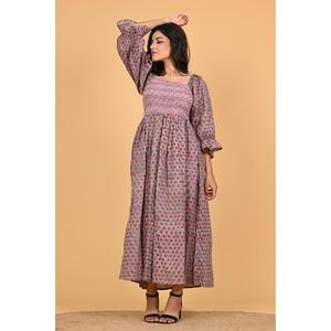 Robe maxi en coton indien à imprimé floral pour femmes, robe de soirée d'été à manches longues smockées, robe longue faite à la main - Product Image 2