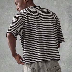 Camisetas Oversize a Rayas de Corte Holgado para Hombre, 220 g/m² Algodón, Hombro Caído, Estilo Casual Urbano, Cuello Redondo, Venta al por Mayor - Product Image 2