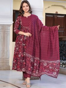 Floral Printed Notch Neck Anarkali <b>Kurta</b> Trousers Dupatta <b>Women</b> Traditional Rayon Regular Fit Knee-Length Casual Wear Quick Dry - Product Image 3