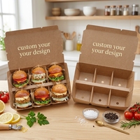 Scatola per hamburger a conchiglia in carta kraft marrone anti-unto con 6 scomparti, design personalizzato OEM, mini contenitore scorrevole per asporto