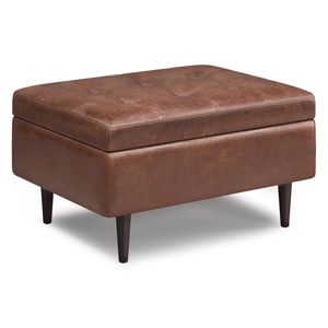 Tavolino da Caffè Shay Mid-Century in Pelle Marrone Invecchiata con Contenitore, Pouf e Sgabello Piccolo - Product Image 1