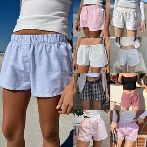 Shorts Casuales Holgados con Botones y Cintura Alta Elástica a Rayas para Mujer, Verano - Product Image 3