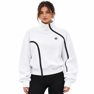 Streetwear Asymmetrical Zip Women Sweatshirts Oversized Stand Collar White Cotton Fleece Casual Custom Logo Hoodies Manufacturer - Product Image 1