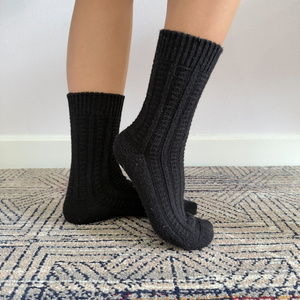 Wholesale Black Ribbed Crew <b>Socks</b> 100% Mongolian Sheep Wool Knitted <b>Winter</b> Warm Thick Vertical Stripe <b>Socks</b> for Women - Product Image 1