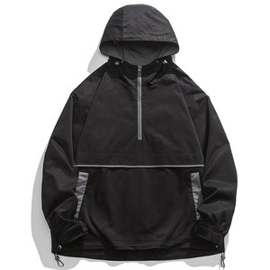 <b>Men's</b> Black Hooded Stand Collar Windbreaker <b>Jacket</b> <b>Half</b>-<b>Zip</b> Breathable Front Casual Loose Fit Polyester Windproof Spring Wear - Product Image 6