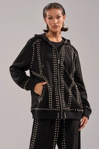 Women Black Hooded <b>Eco</b>-friendly Lightweight Tracksuit Set Full Sleeve Zipper Closure Loose Fit Rhinestone <b>Dot</b> Pattern Streetwear - Product Image 4