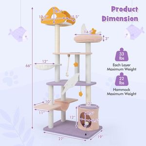 66-Inch Cute <b>Cat</b> <b>Tree</b> with Multi-Level Tall <b>Cat</b> Tower and Sisal Covered <b>Scratching</b> Posts - Product Image 5