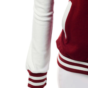 <b>Womens</b> Burgundy Varsity <b>Jacket</b> <b>White</b> Sleeves Striped Rib Collar Cuffs Snap Button Streetwear Genuine Leather Wool Lining - Product Image 6
