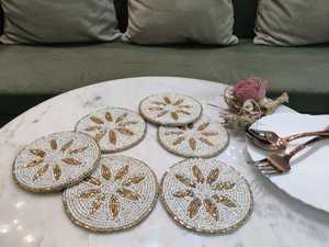 Set of -Inch Handcrafted Beaded Coasters with Floral Embroidery Eco-Friendly Customizable Spill-Proof Decor for Home & Hotel Use - Product Image 1